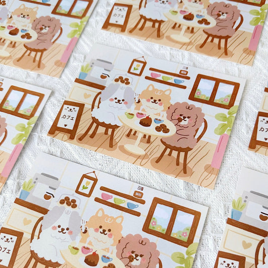 pooh pom win in a cafe postcard